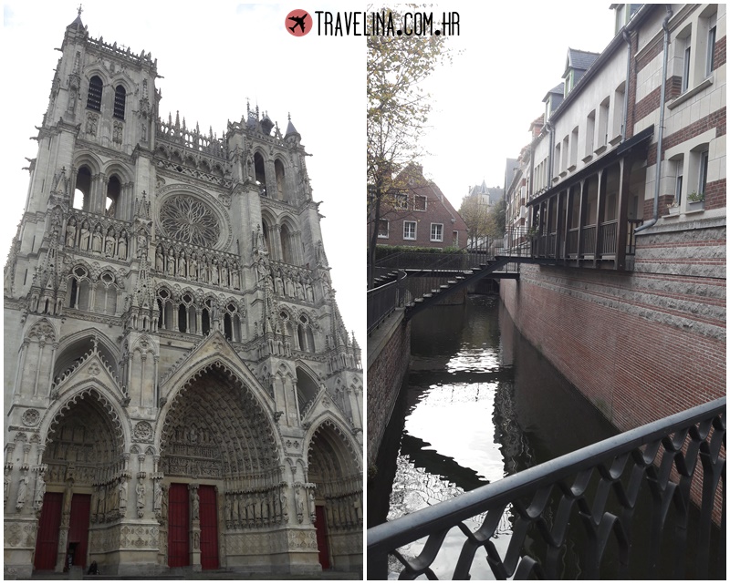 Amiens katedrala Notre Dame lijevo i gradski kanali desno - ulaz u domove preko rijeke sjever francuske